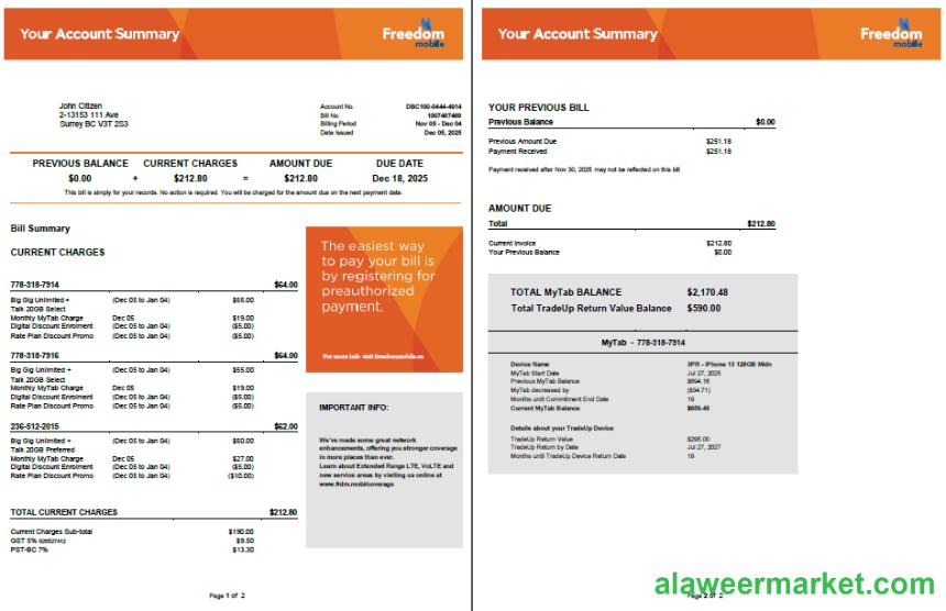 Canada Freedom Mobile utility bill template in Word and PDF formats, 2 pages